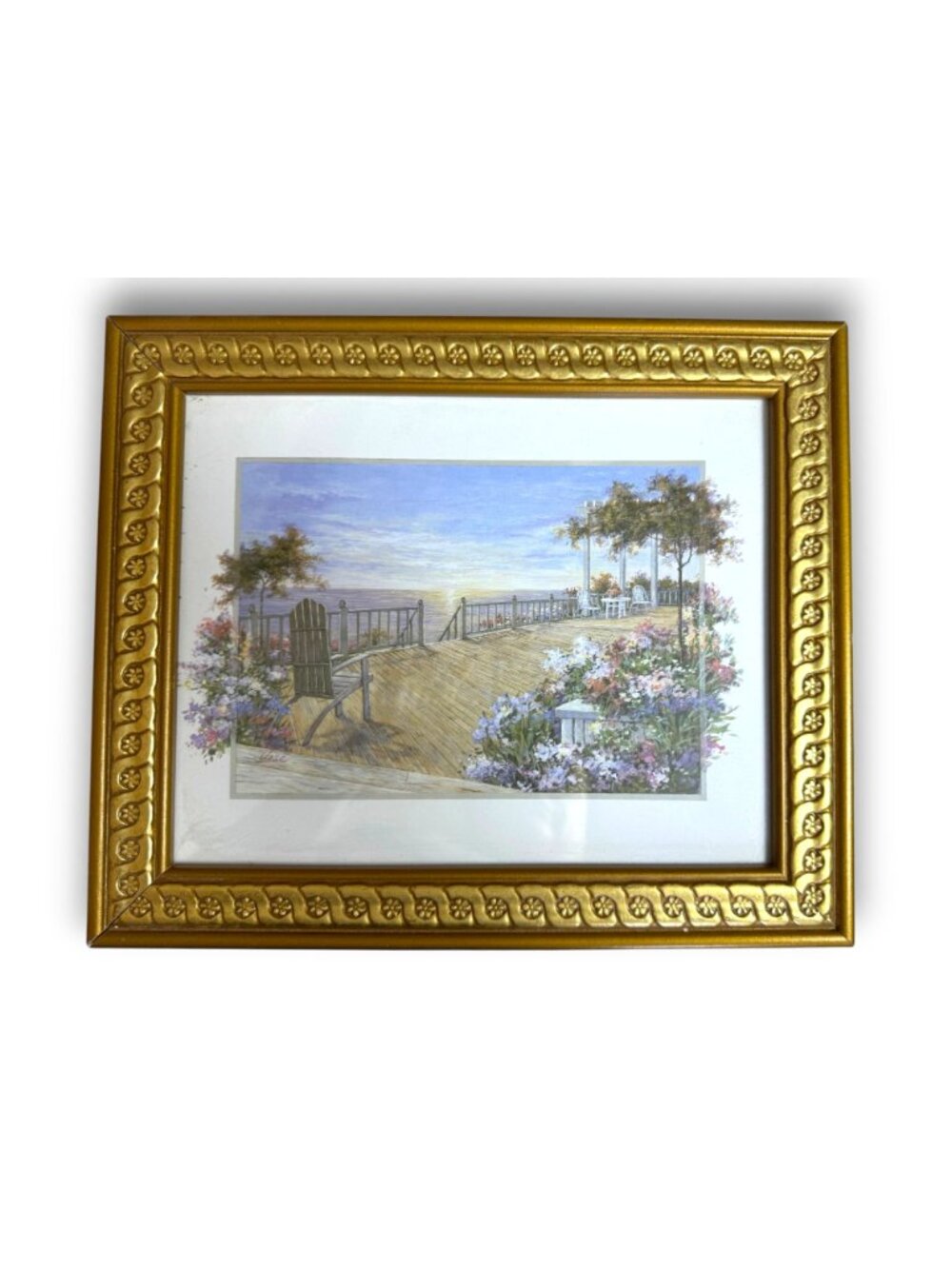 Pair of Vintage Framed Art Prints Coastal Mediterranean Deck and Balcony Scenes - Picture 2 of 11